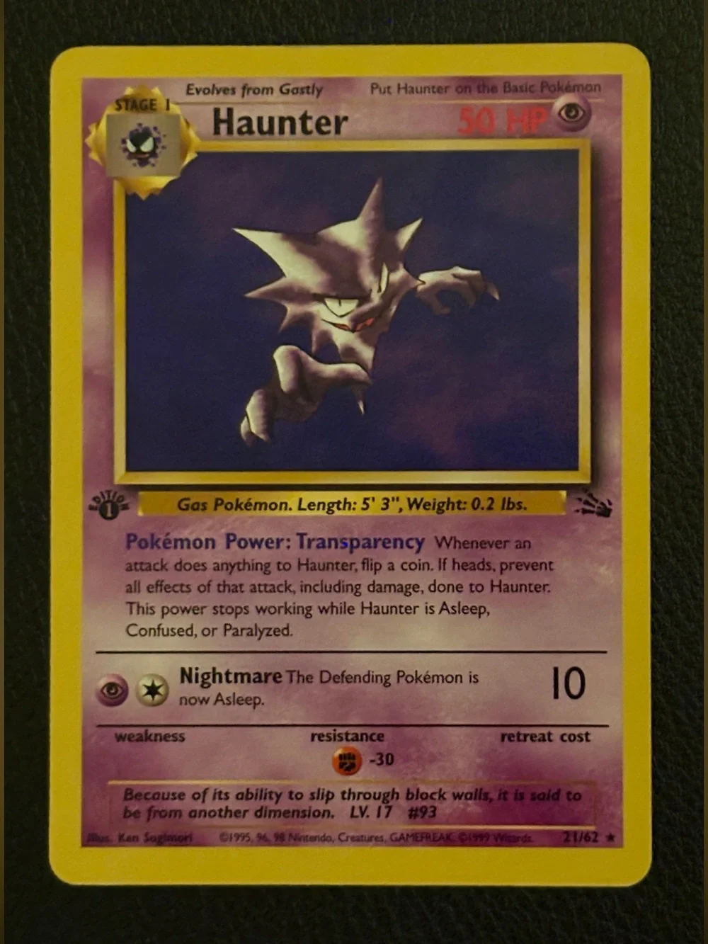 1st Edition Haunter #21/62 Base Set Fossil Non Holo Vintage Pokémon Card